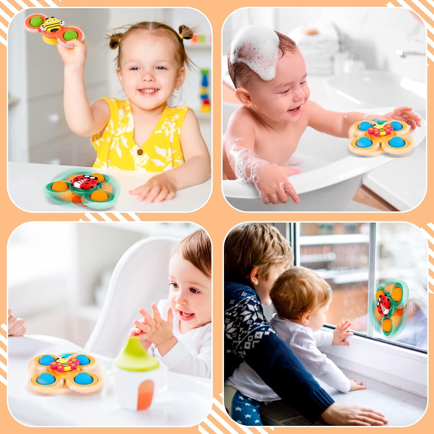 Outgeek Suction Cup Spinner Toys: 3PCS Kids Spinning Top Toys Baby Dimple Toy Sensory Toys Fidget Spinners Suction Cup Babies Bath Toys Gift Toys for Toddlers (Second Edition) (White) - Image 6